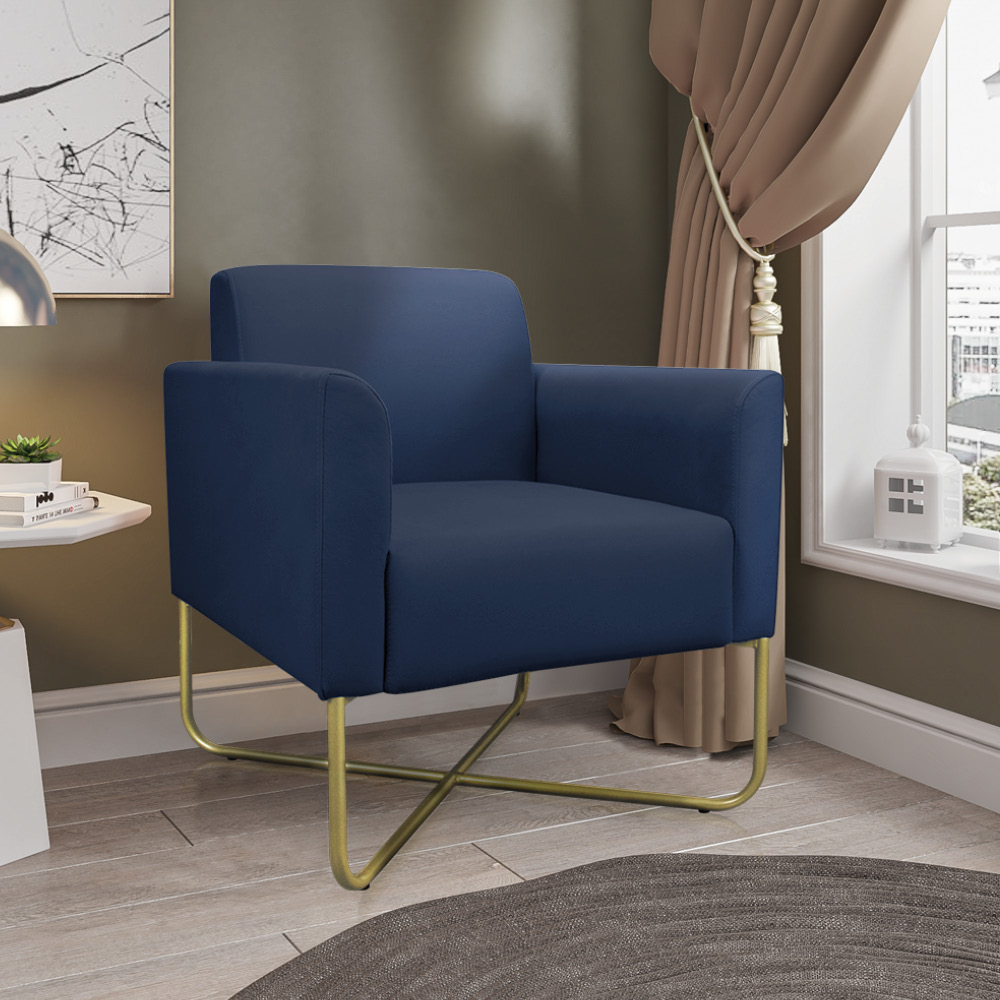 Kit 02 Poltronas Marisa Suede Azul Marinho Base X Industrial Dourado - D'Rossi