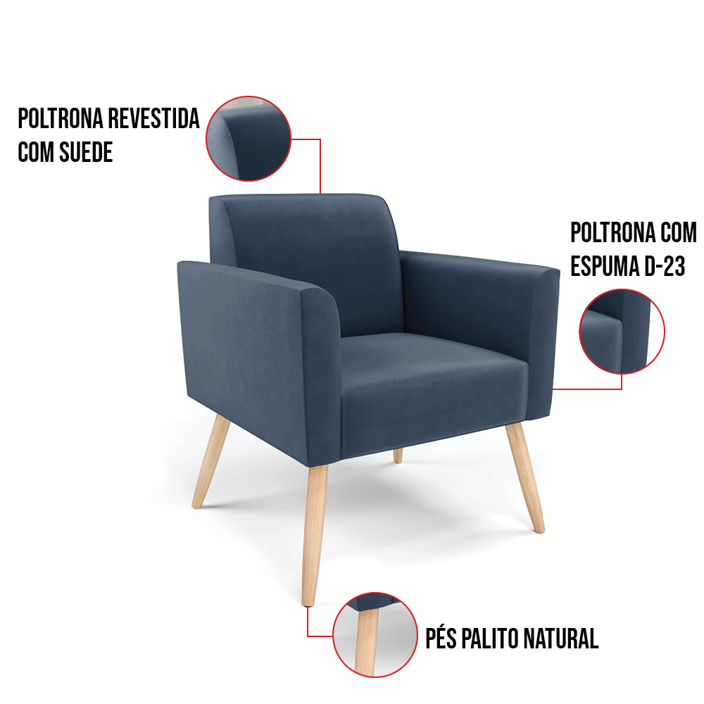 Kit 02 Poltronas Marisa Suede Azul Marinho Pés Palito Natural D'Rossi