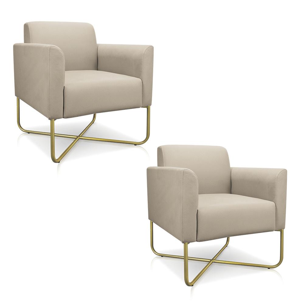 Kit 02 Poltronas Marisa Suede Bege Base X Industrial Dourado - D'Rossi