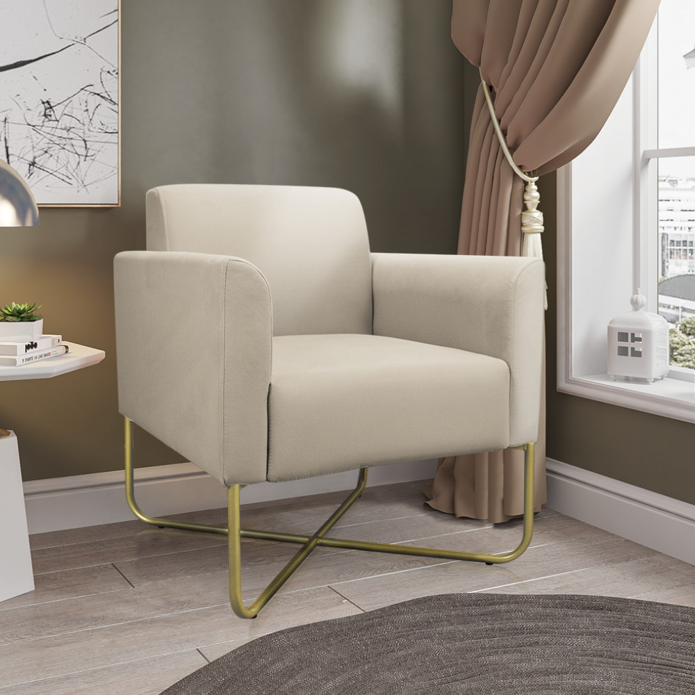 Kit 02 Poltronas Marisa Suede Bege Base X Industrial Dourado - D'Rossi