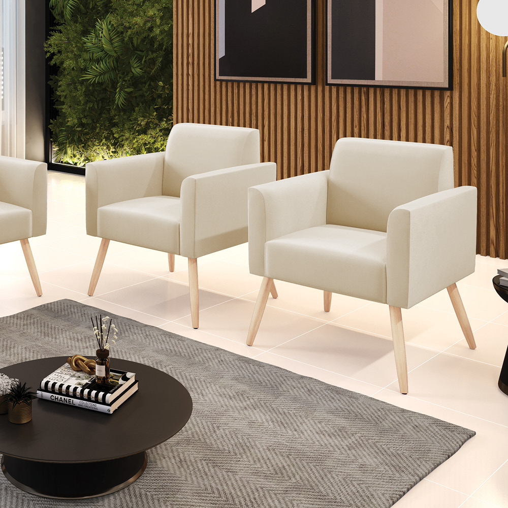 Kit 02 Poltronas Marisa Suede Bege Pés Palito Natural D'Rossi