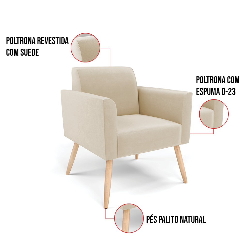 Kit 02 Poltronas Marisa Suede Bege Pés Palito Natural D'Rossi
