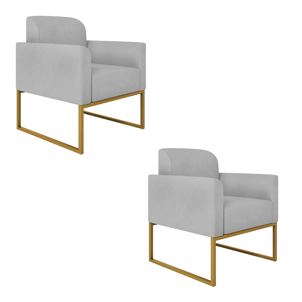 Kit 02 Poltronas Marisa Suede Cinza Base Industrial Metálica Dourado D'Rossi
