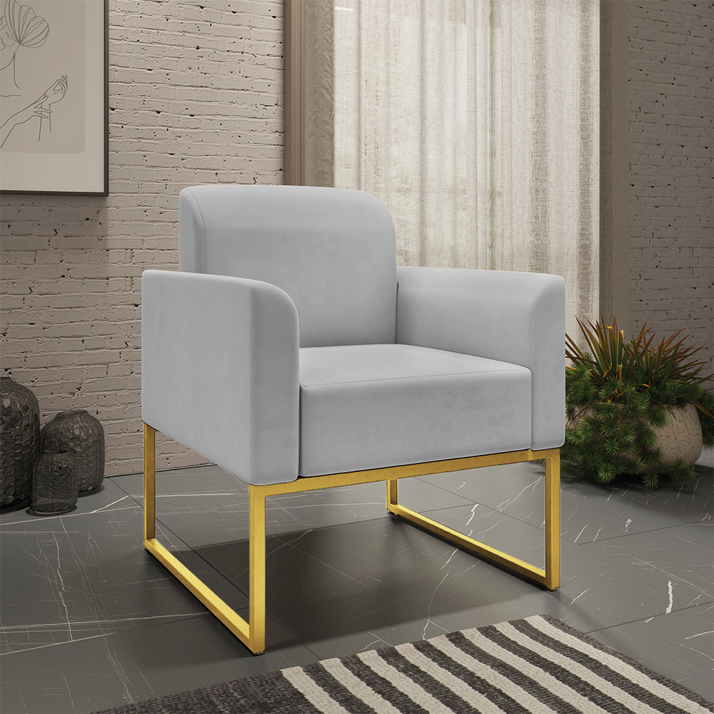 Kit 02 Poltronas Marisa Suede Cinza Base Industrial Metálica Dourado D'Rossi
