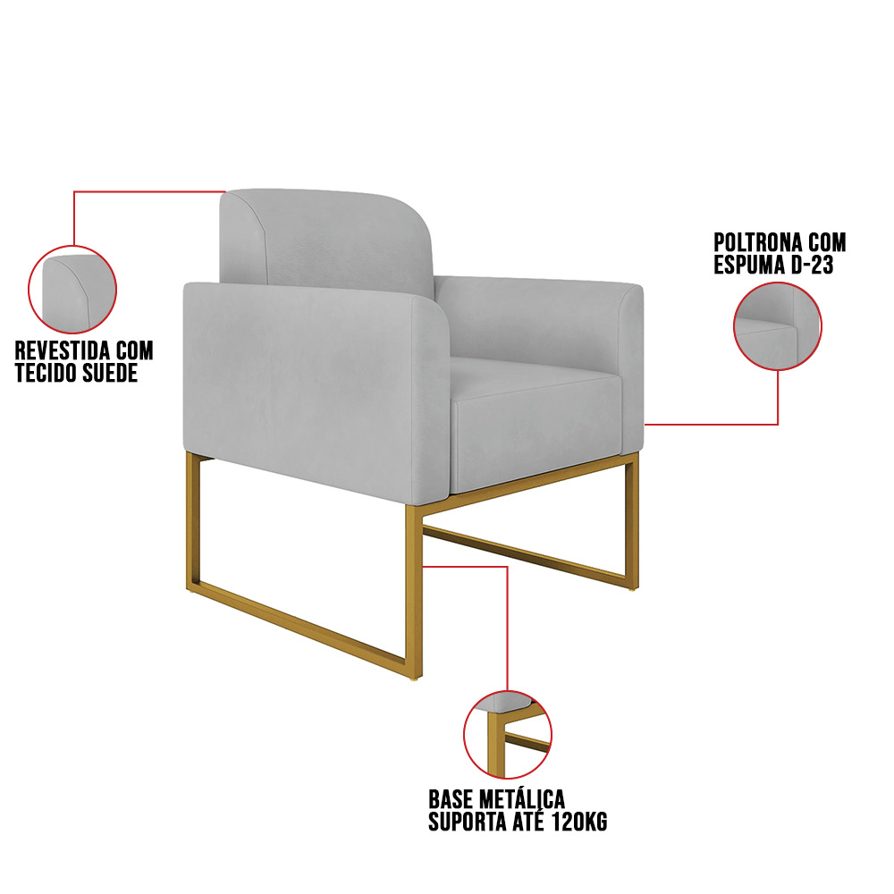 Kit 02 Poltronas Marisa Suede Cinza Base Industrial Metálica Dourado D'Rossi