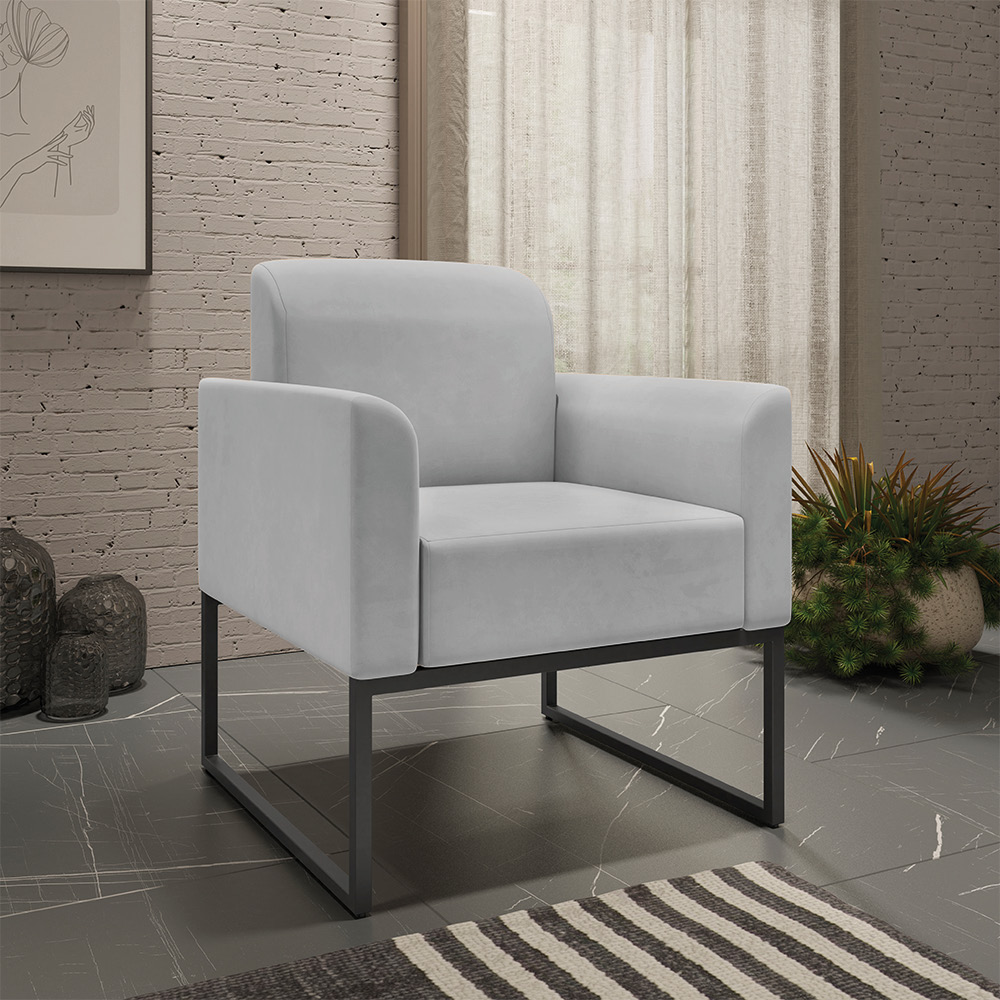 Kit 02 Poltronas Marisa Suede Cinza Base Industrial Metálica Preto D'Rossi
