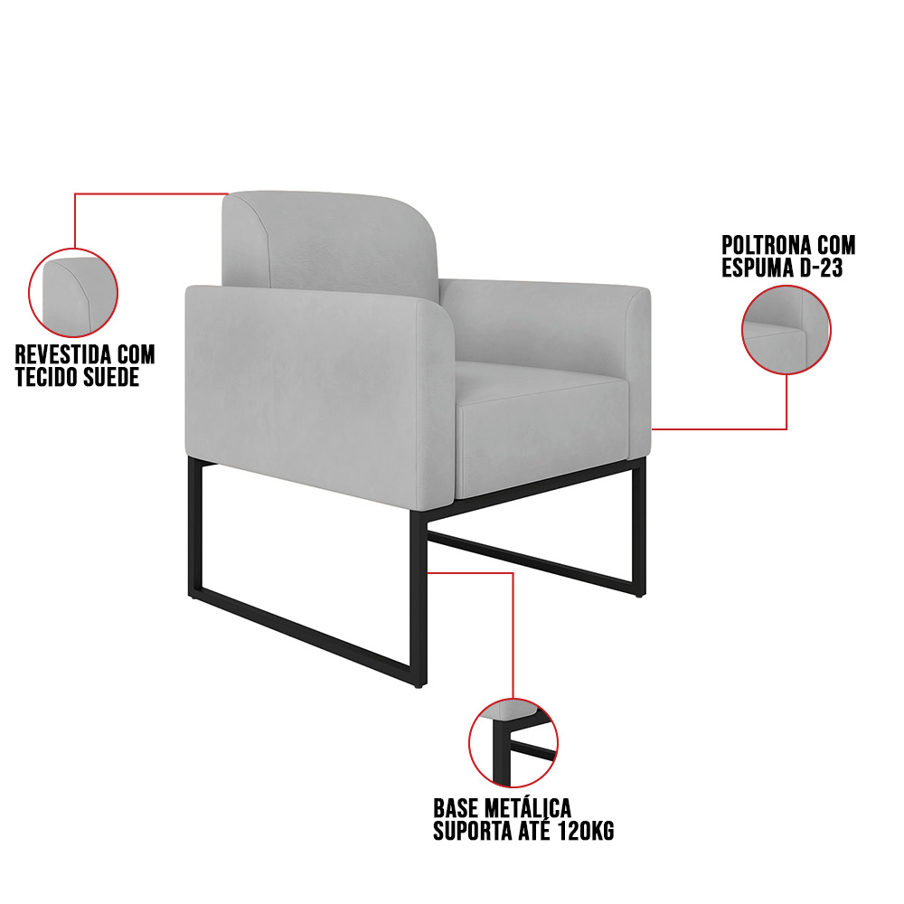 Kit 02 Poltronas Marisa Suede Cinza Base Industrial Metálica Preto D'Rossi