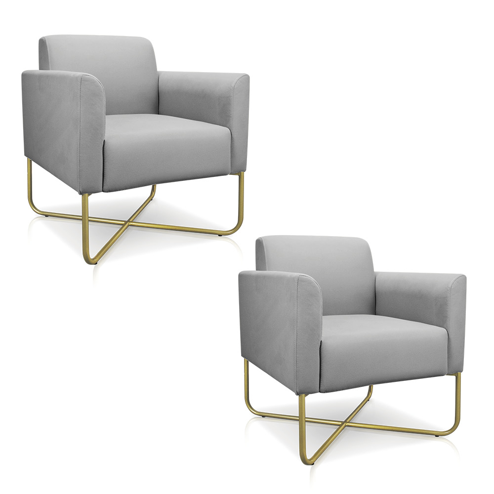 Kit 02 Poltronas Marisa Suede Cinza Base X Industrial Dourado - D'Rossi