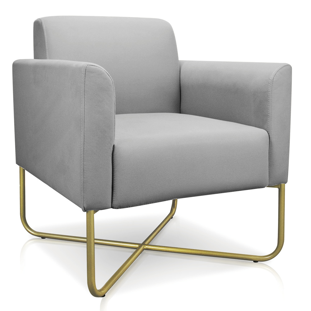 Kit 02 Poltronas Marisa Suede Cinza Base X Industrial Dourado - D'Rossi
