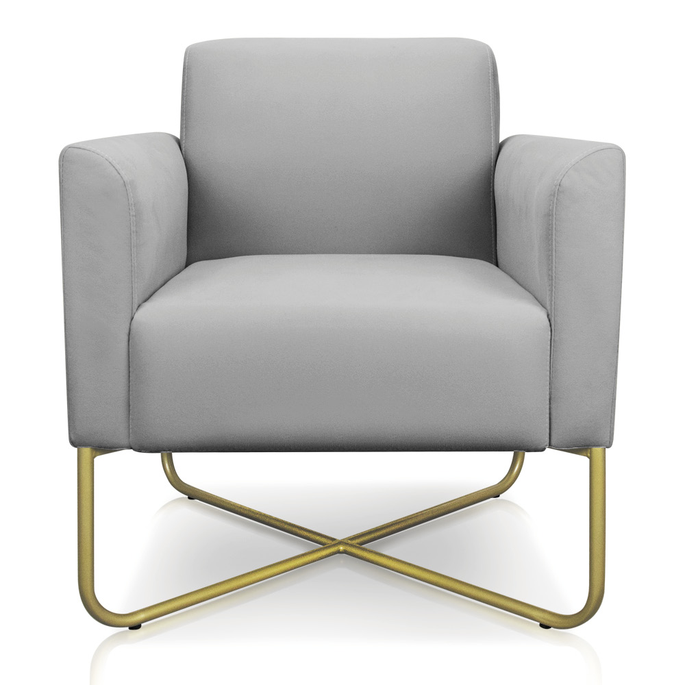 Kit 02 Poltronas Marisa Suede Cinza Base X Industrial Dourado - D'Rossi