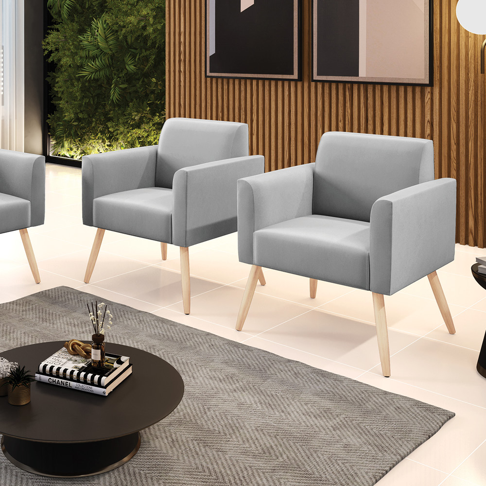 Kit 02 Poltronas Marisa Suede Cinza Pés Palito Natural D'Rossi