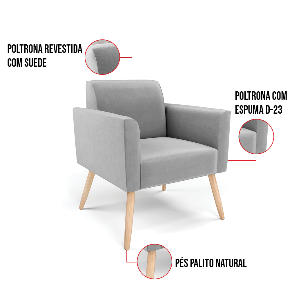 Kit 02 Poltronas Marisa Suede Cinza Pés Palito Natural D'Rossi
