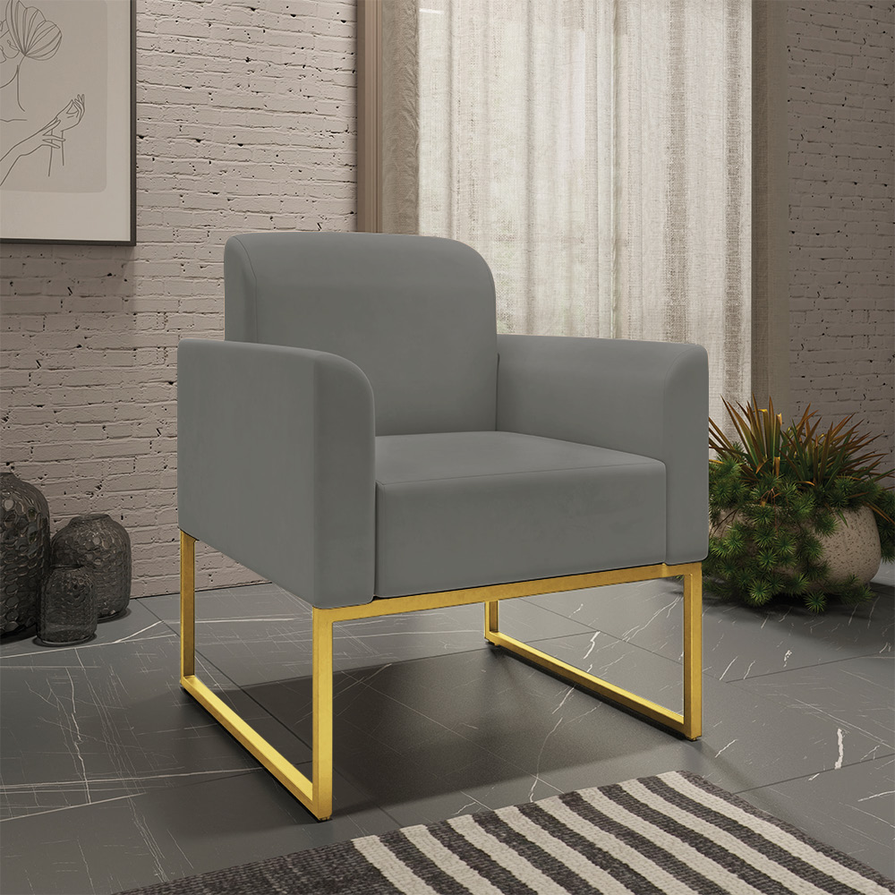 Kit 02 Poltronas Marisa Suede Grafite Base Industrial Metálica Dourado D'Rossi