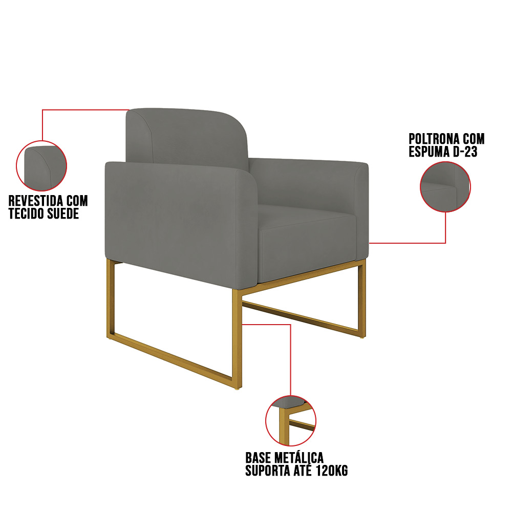 Kit 02 Poltronas Marisa Suede Grafite Base Industrial Metálica Dourado D'Rossi