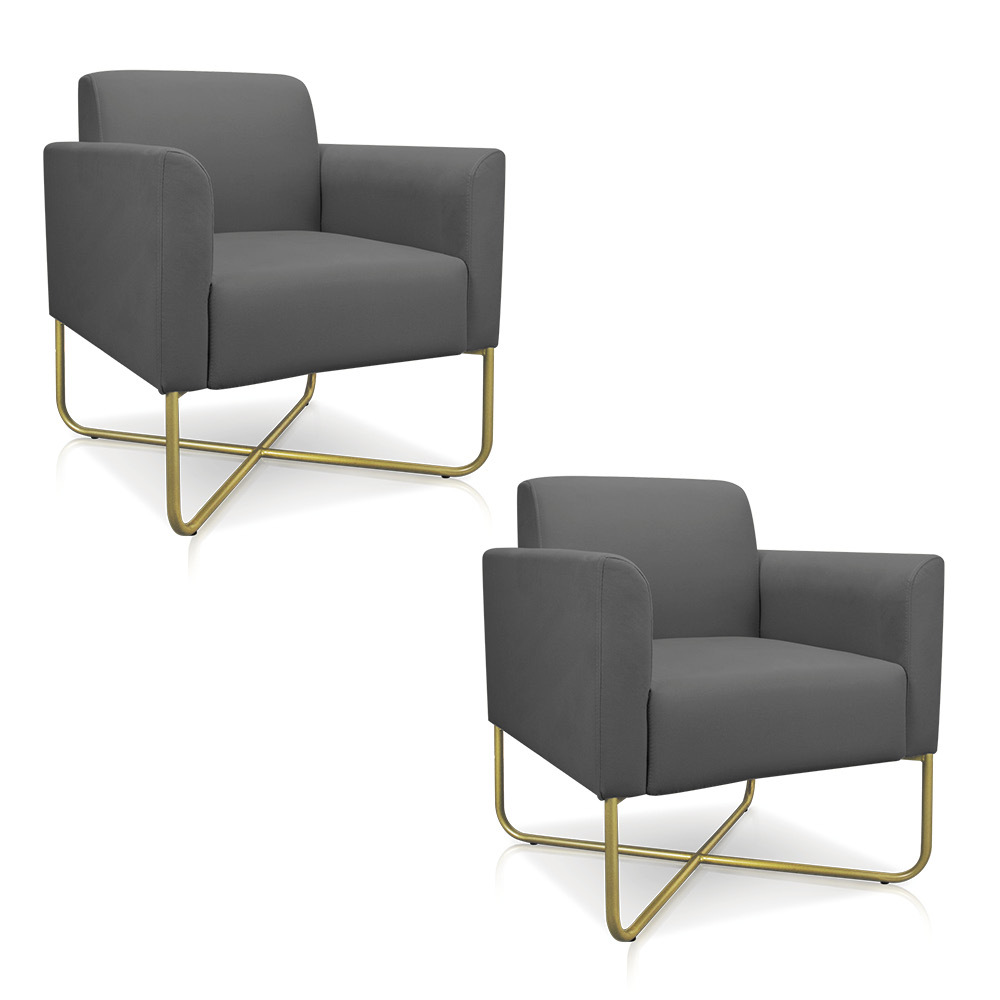 Kit 02 Poltronas Marisa Suede Grafite Base x Industrial Dourado - D'Rossi