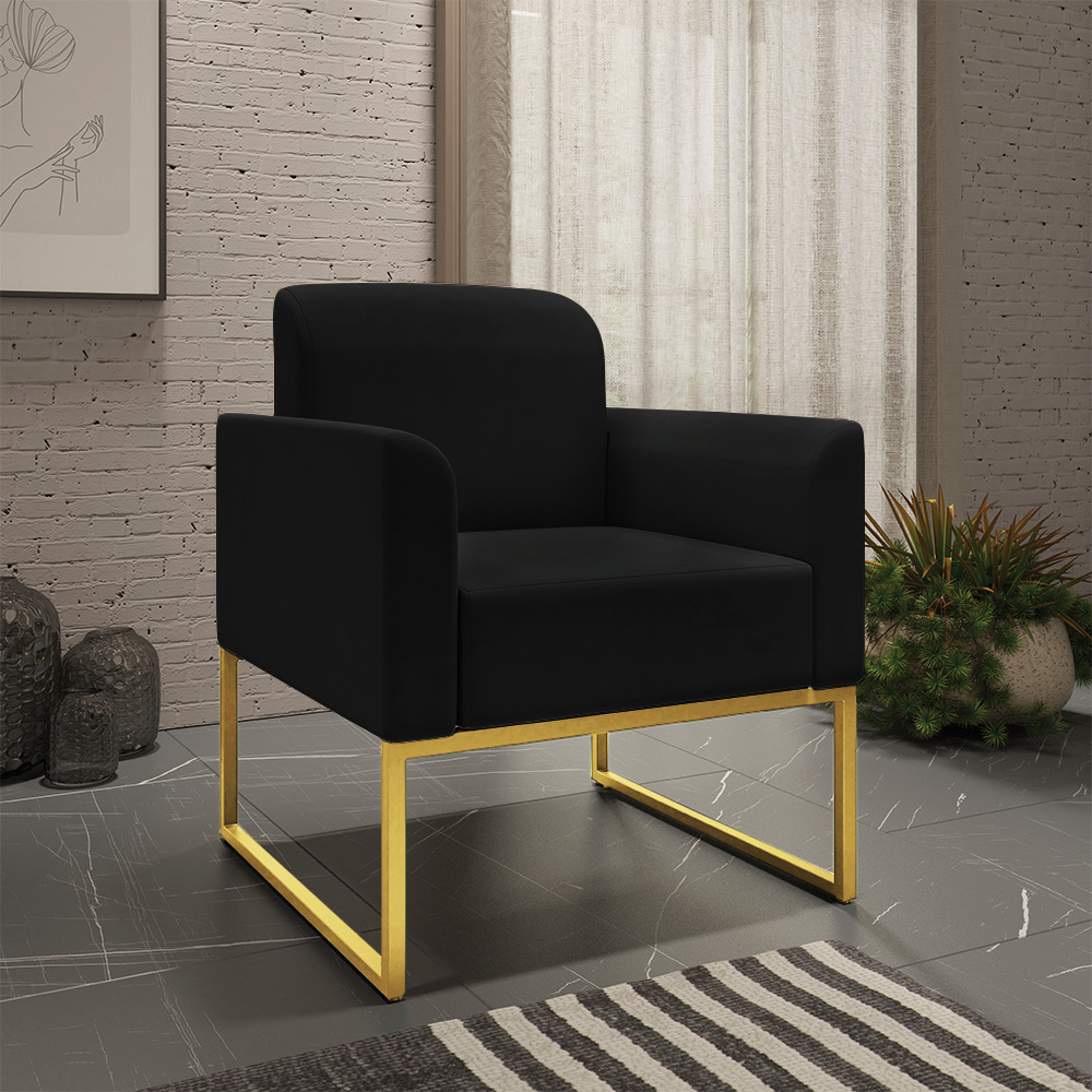 Kit 02 Poltronas Marisa Suede Preto Base Industrial Metálica Dourado D'Rossi