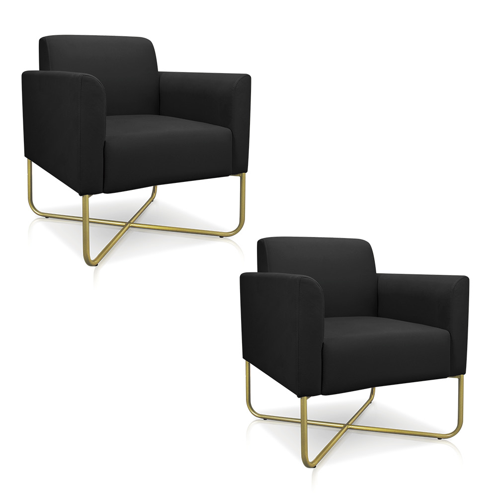 Kit 02 Poltronas Marisa Suede Preto Base X Industrial Dourado - D'Rossi