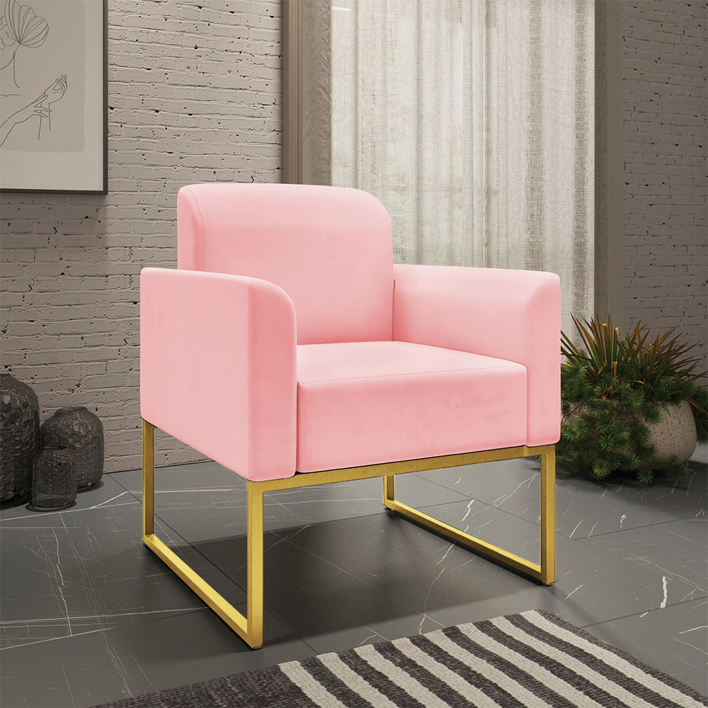 Kit 02 Poltronas Marisa Suede Rosa Bebê Base Industrial Metálica Dourado D'Rossi