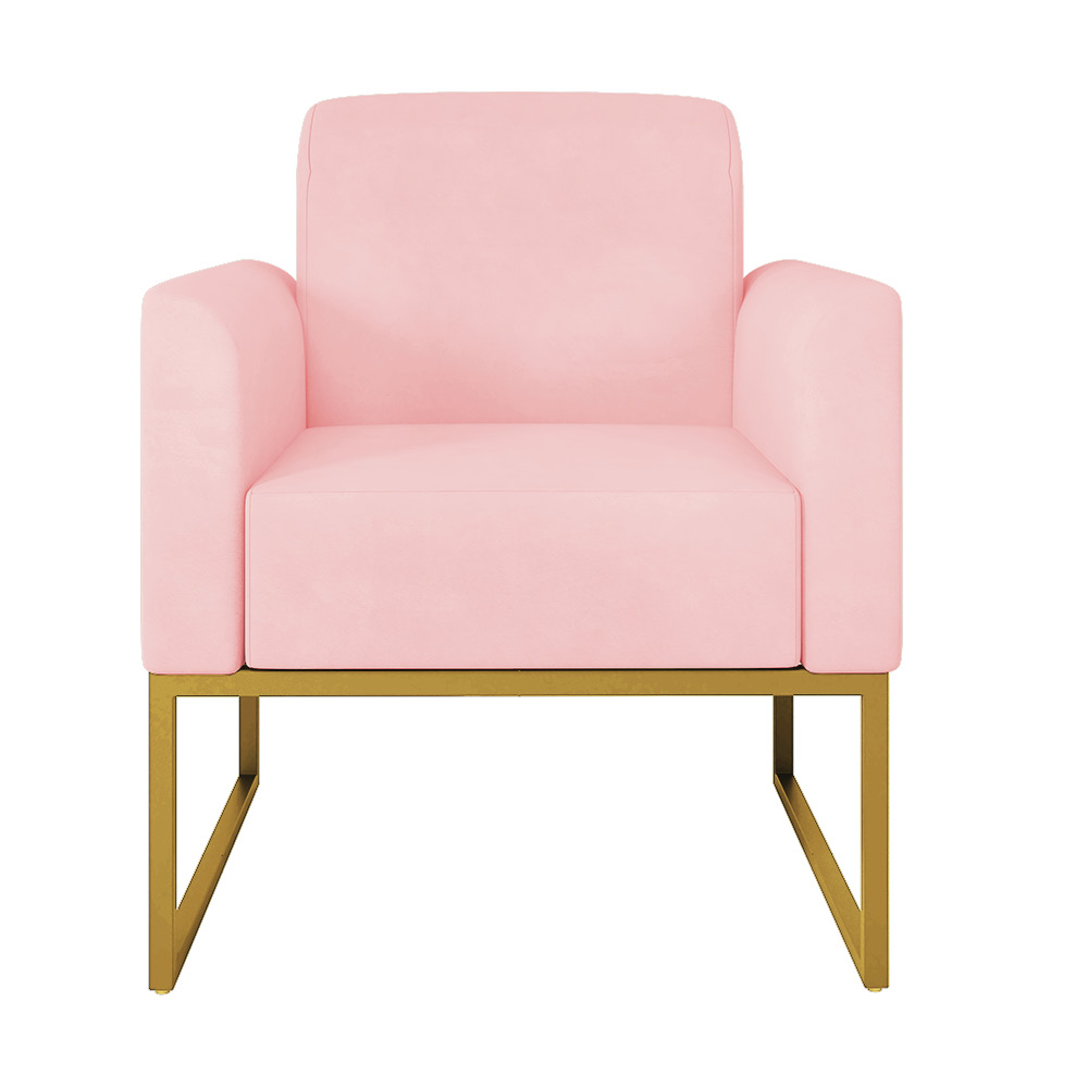 Kit 02 Poltronas Marisa Suede Rosa Bebê Base Industrial Metálica Dourado D'Rossi