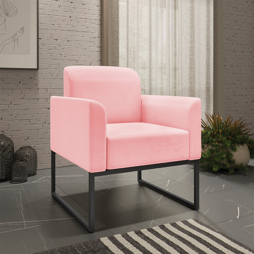 Kit 02 Poltronas Marisa Suede Rosa Bebê Base Industrial Metálica Preto D'Rossi