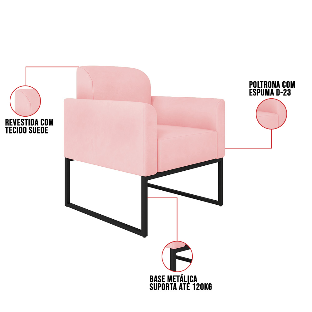 Kit 02 Poltronas Marisa Suede Rosa Bebê Base Industrial Metálica Preto D'Rossi