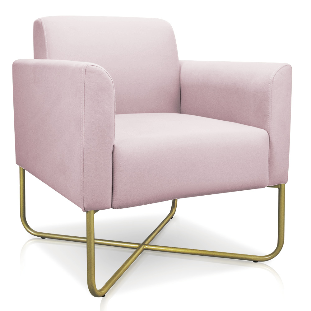 Kit 02 Poltronas Marisa Suede Rosa Bebê Base X Industrial Dourado - D'Rossi