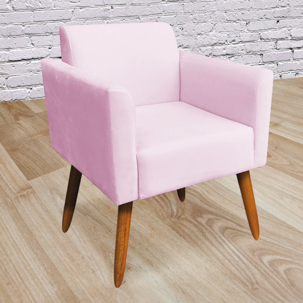 Kit 02 Poltronas Marisa Suede Rosa Bebê Pés Palito Castanho D'Rossi