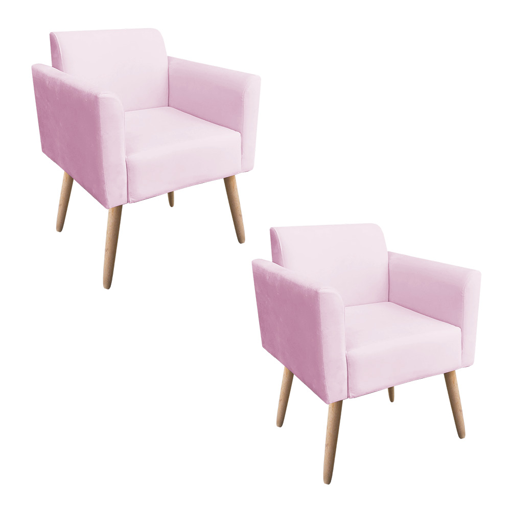 Kit 02 Poltronas Marisa Suede Rosa Bebê Pés Palito Natural D'Rossi