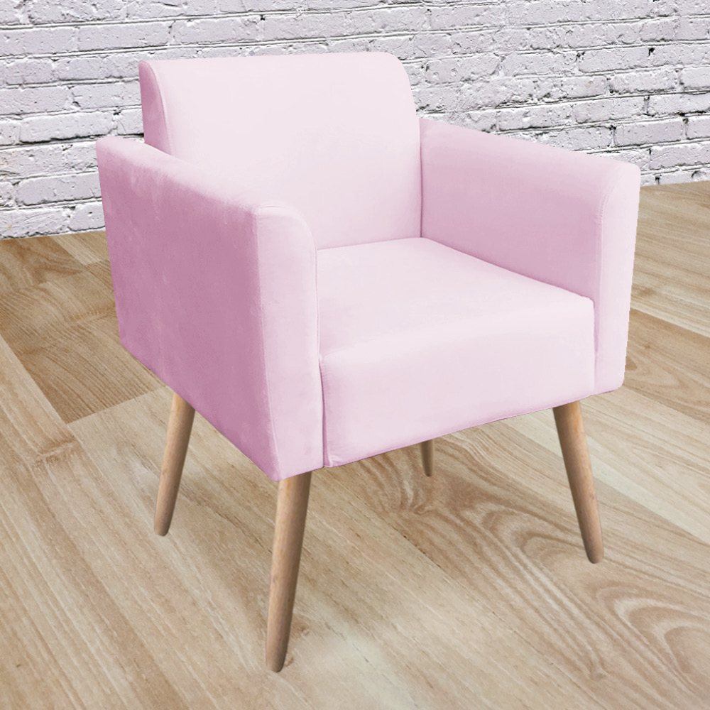 Kit 02 Poltronas Marisa Suede Rosa Bebê Pés Palito Natural D'Rossi