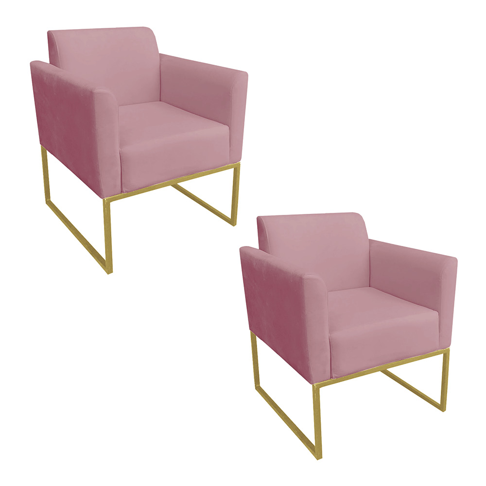 Kit 02 Poltronas Marisa Suede Rose Base Industrial Metálica Dourado D'Rossi