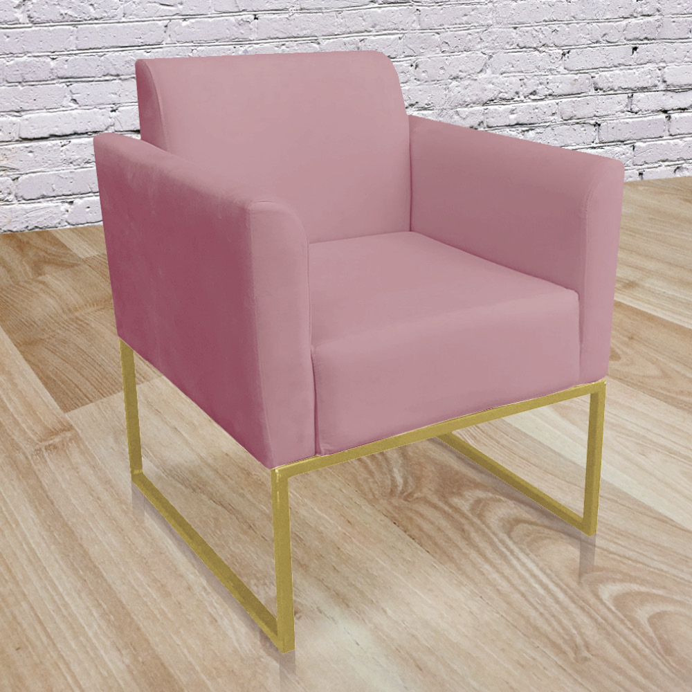 Kit 02 Poltronas Marisa Suede Rose Base Industrial Metálica Dourado D'Rossi