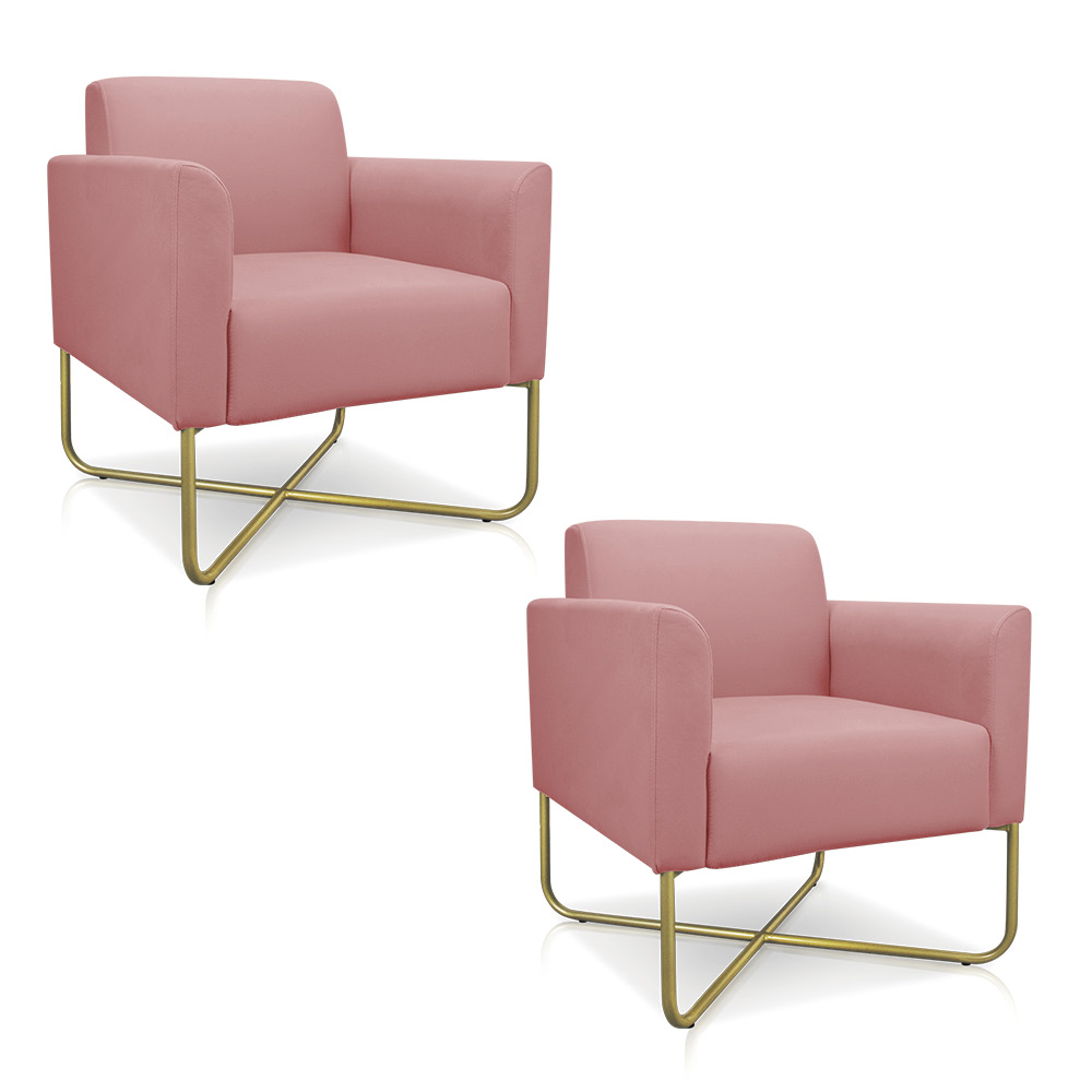 Kit 02 Poltronas Marisa Suede Rose Base X Industrial Dourado - D'Rossi