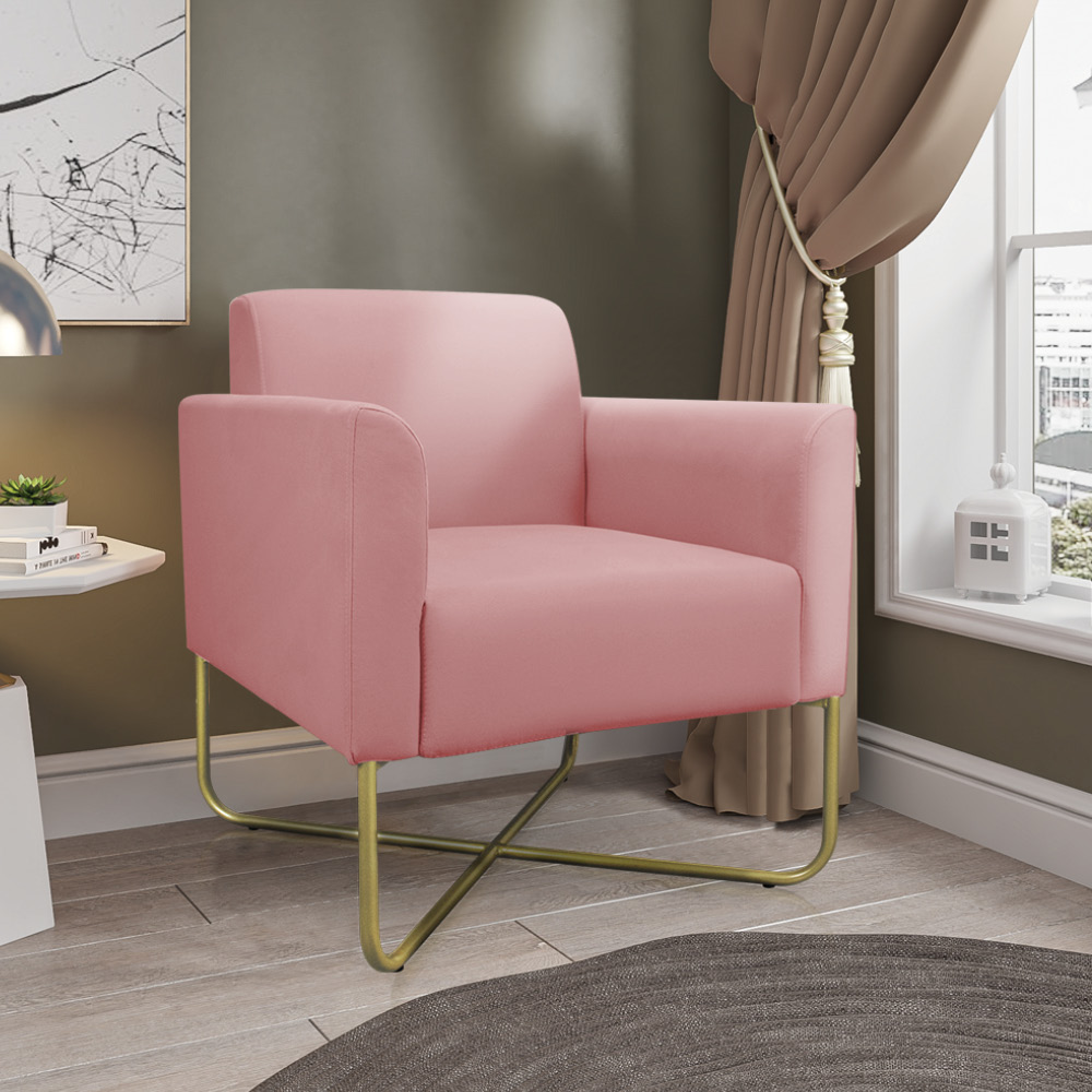 Kit 02 Poltronas Marisa Suede Rose Base X Industrial Dourado - D'Rossi