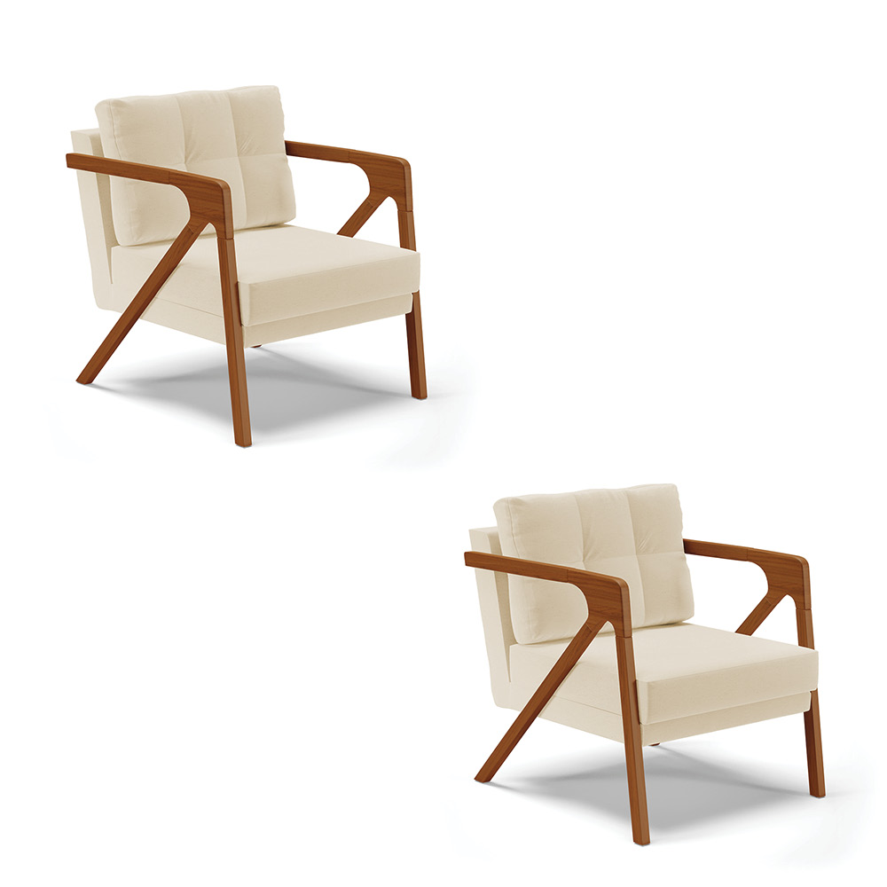 Kit 02 Poltronas Melissa Linho Areia A27 Base de Madeira Castanho D03 - D'Rossi