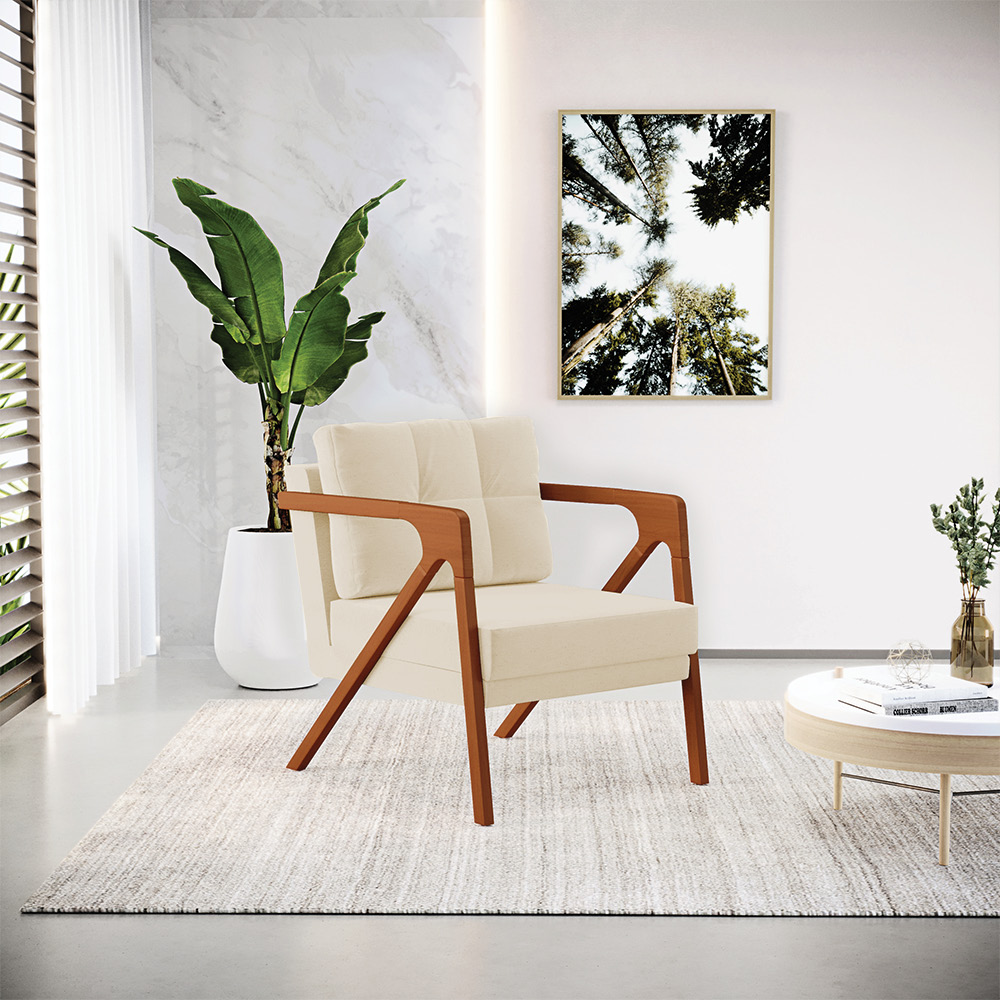 Kit 02 Poltronas Melissa Linho Areia A27 Base de Madeira Castanho D03 - D'Rossi