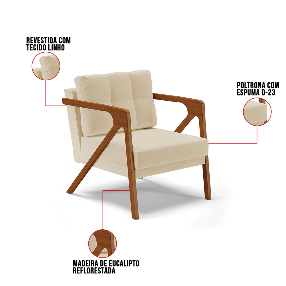 Kit 02 Poltronas Melissa Linho Areia A27 Base de Madeira Castanho D03 - D'Rossi