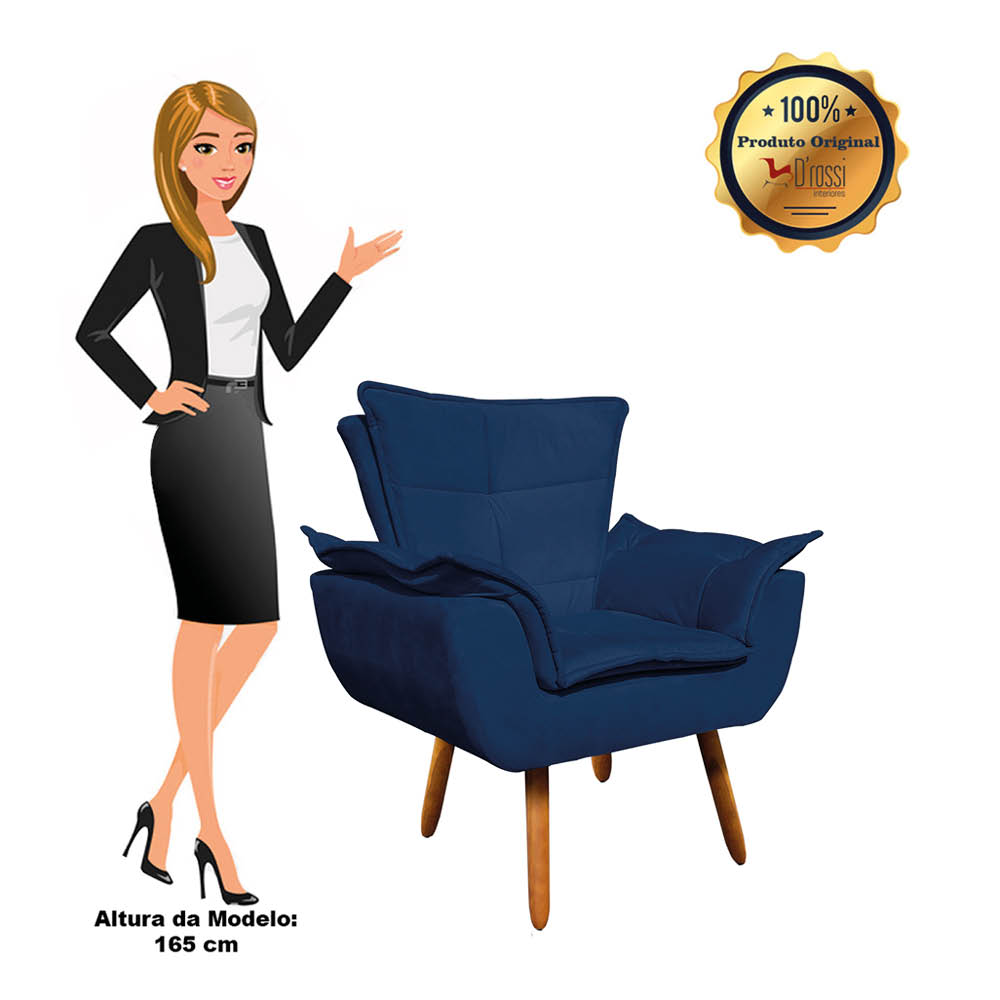 Kit 02 Poltronas Opala Suede Azul Marinho Pés Palito Castanho D'Rossi