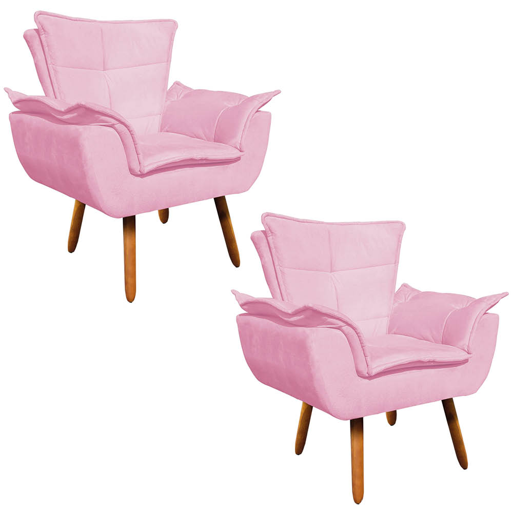 Kit 02 Poltronas Opala Suede Rosa Bebê Pés Palito Castanho D'Rossi