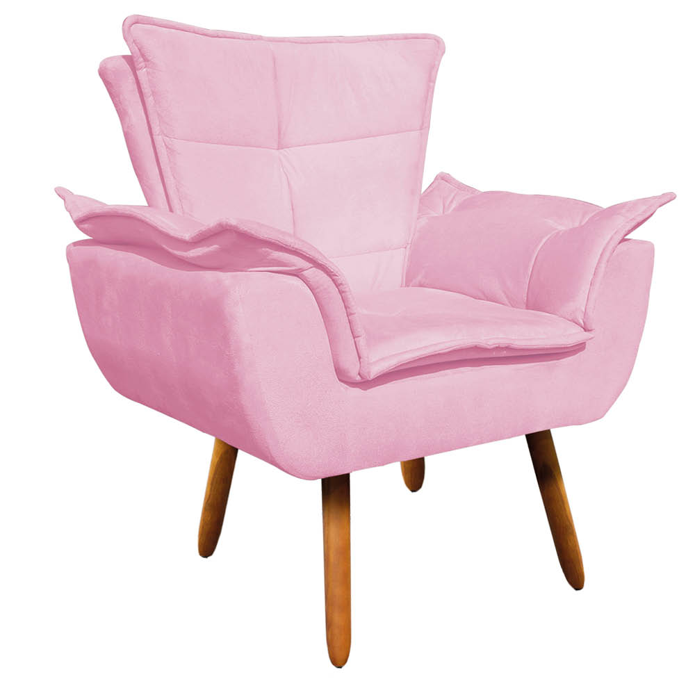 Kit 02 Poltronas Opala Suede Rosa Bebê Pés Palito Castanho D'Rossi