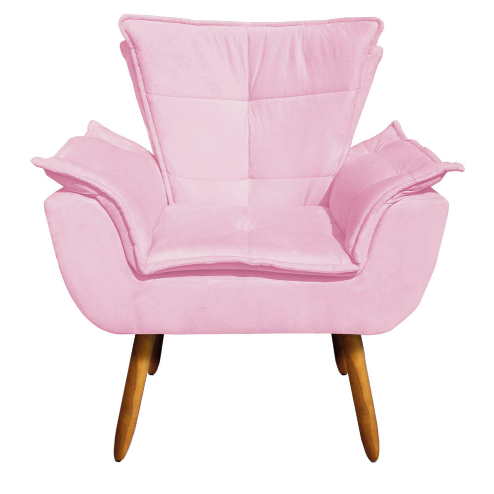 Kit 02 Poltronas Opala Suede Rosa Bebê Pés Palito Castanho D'Rossi