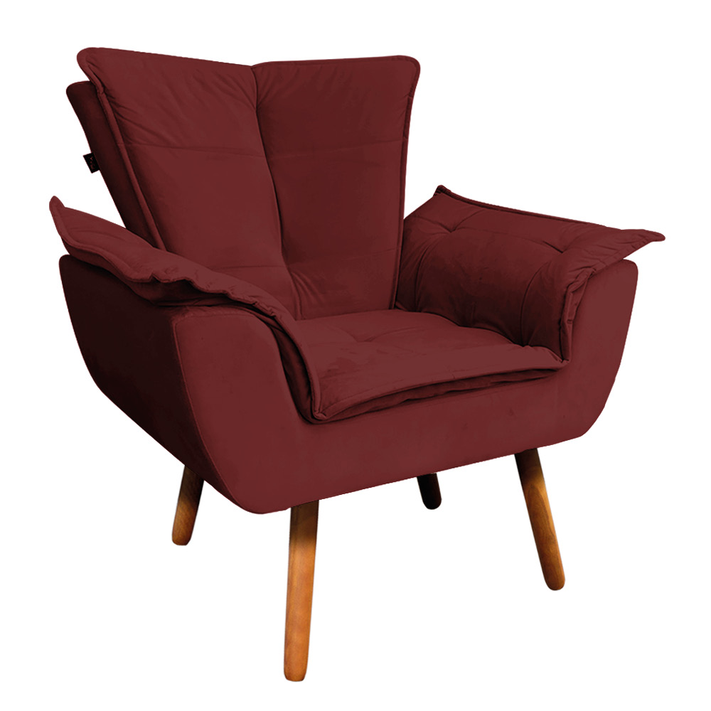 Kit 02 Poltronas Opala Veludo Marsala Pés Palito Castanho - D'Rossi