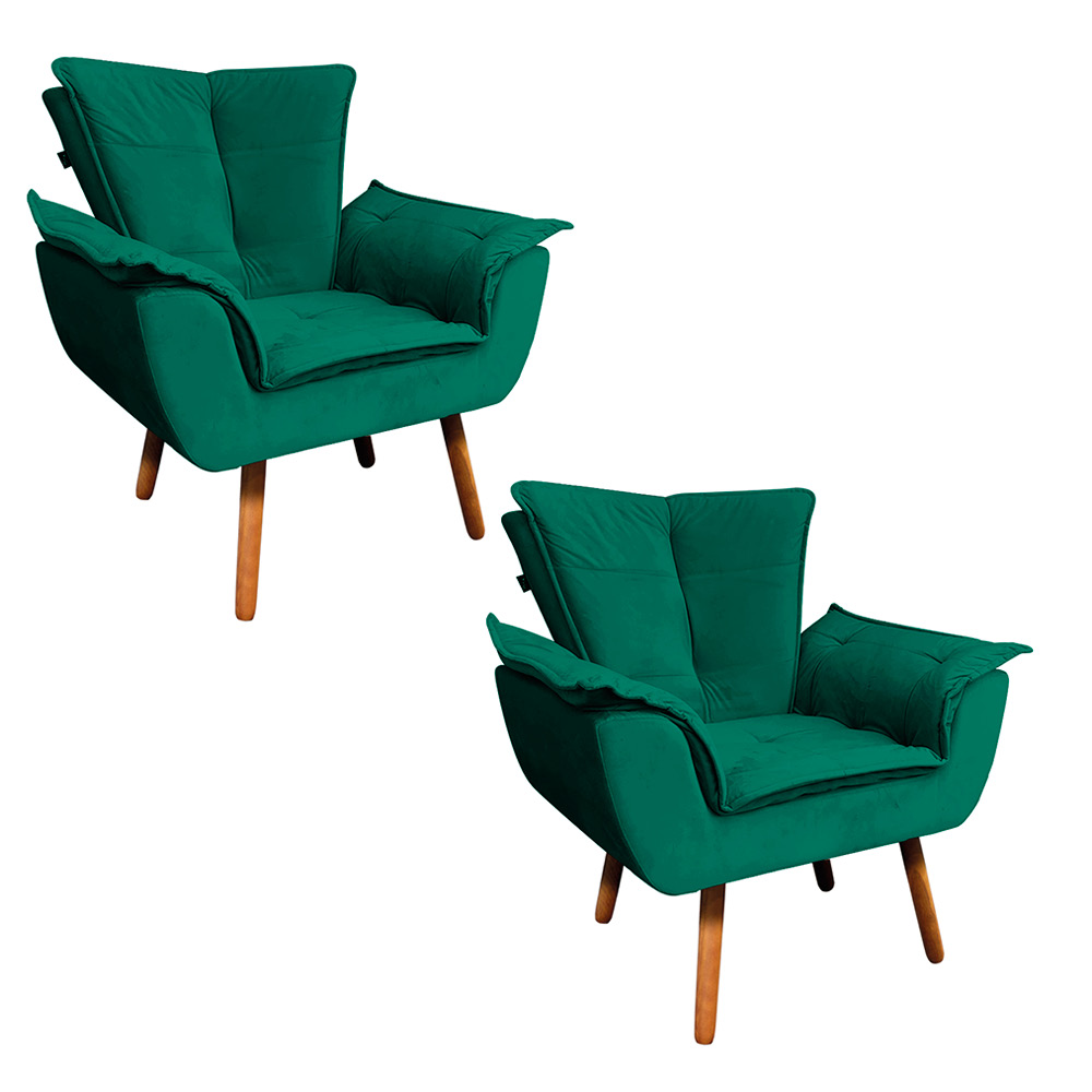 Kit 02 Poltronas Opala Veludo Verde Esmeralda Pés Palito Castanho - D'Rossi