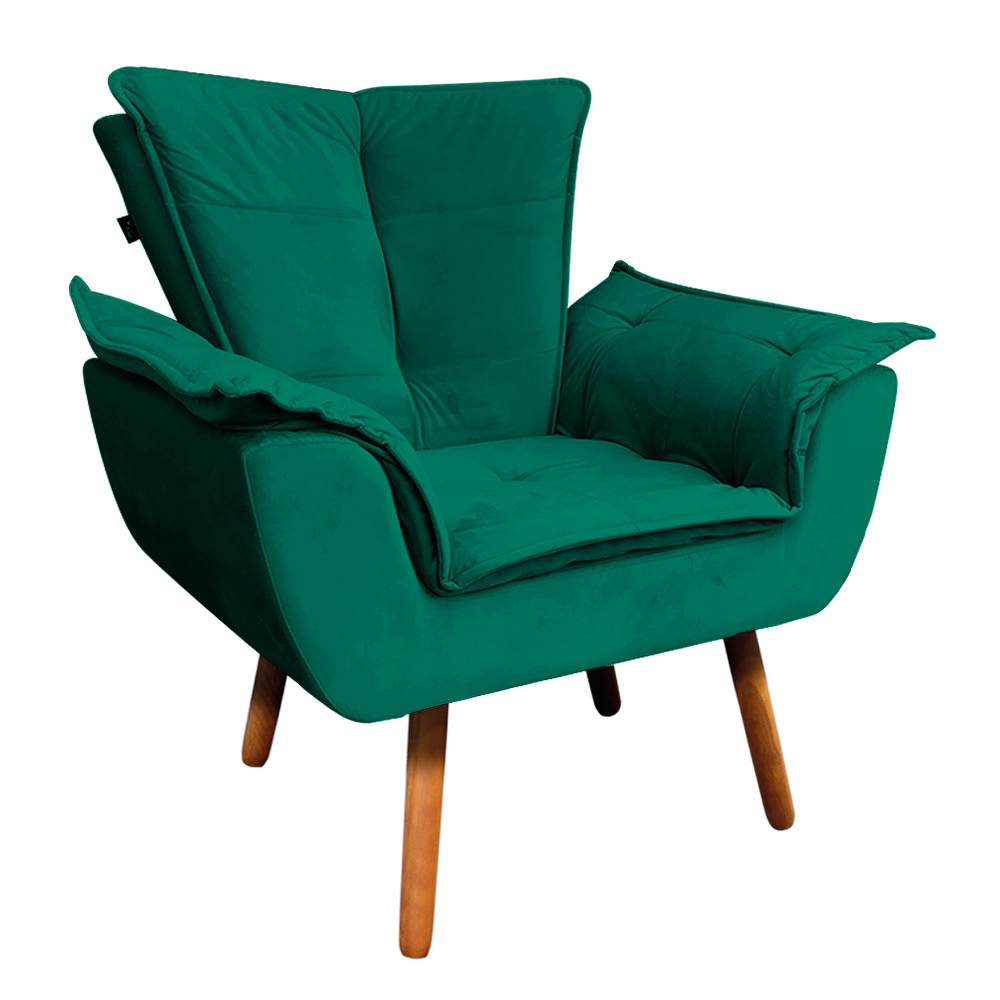 Kit 02 Poltronas Opala Veludo Verde Esmeralda Pés Palito Castanho - D'Rossi