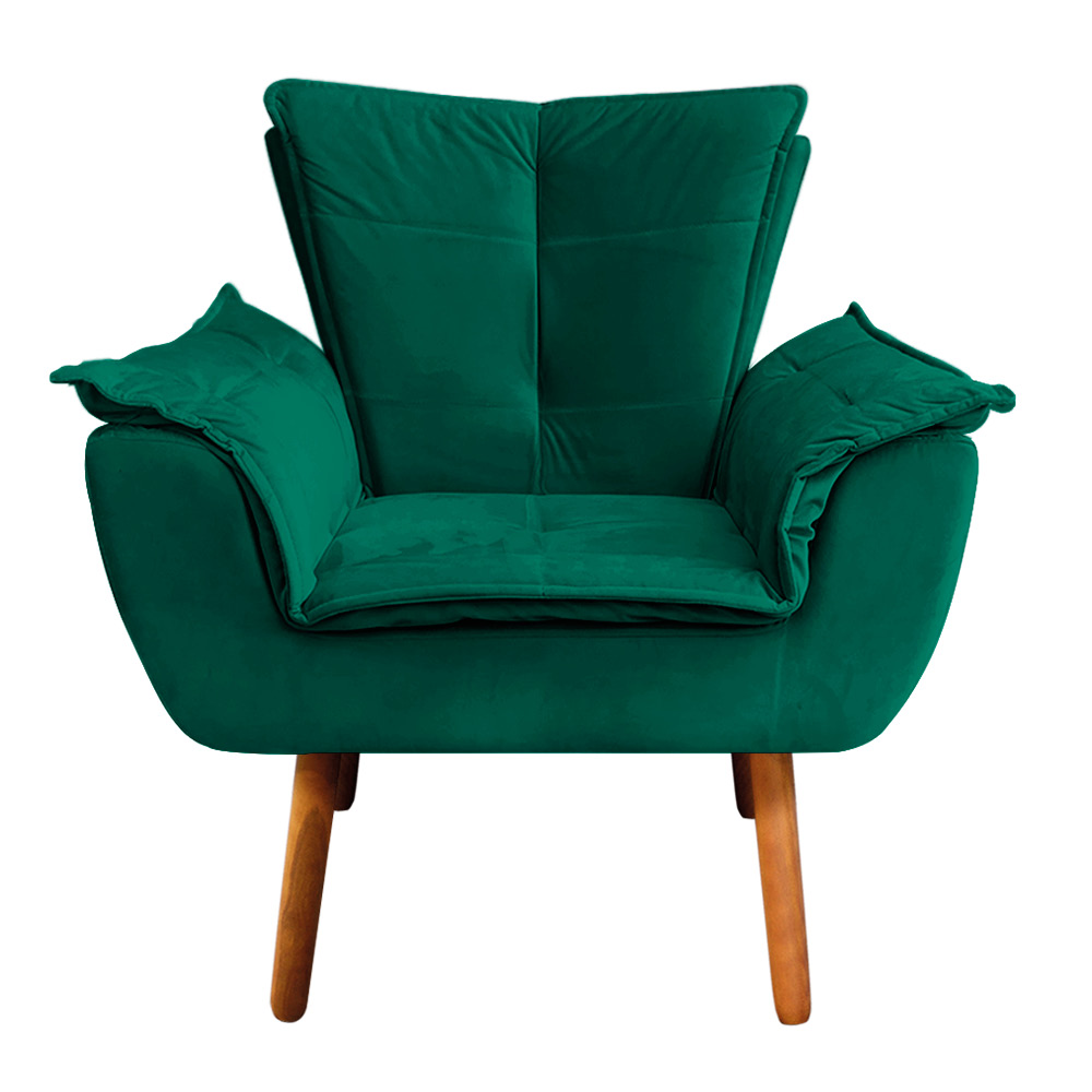 Kit 02 Poltronas Opala Veludo Verde Esmeralda Pés Palito Castanho - D'Rossi