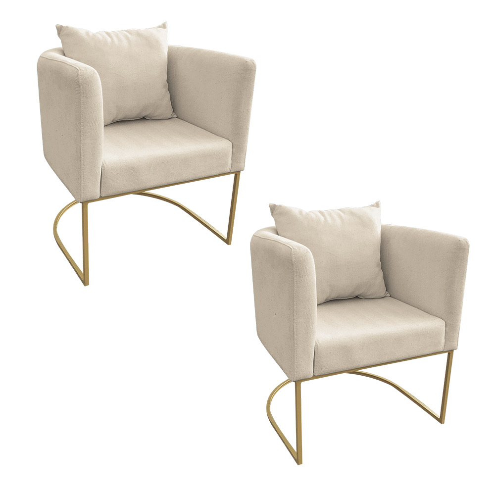 Kit 02 Poltronas Paola Linho Base Metálica Dourado - D'Rossi