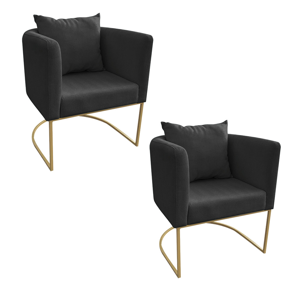 Kit 02 Poltronas Paola Linho Preto A79 Base Metálica Dourado- D'Rossi