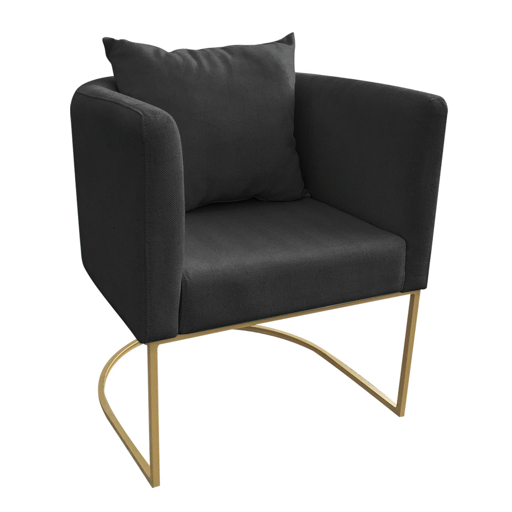 Kit 02 Poltronas Paola Linho Preto A79 Base Metálica Dourado- D'Rossi