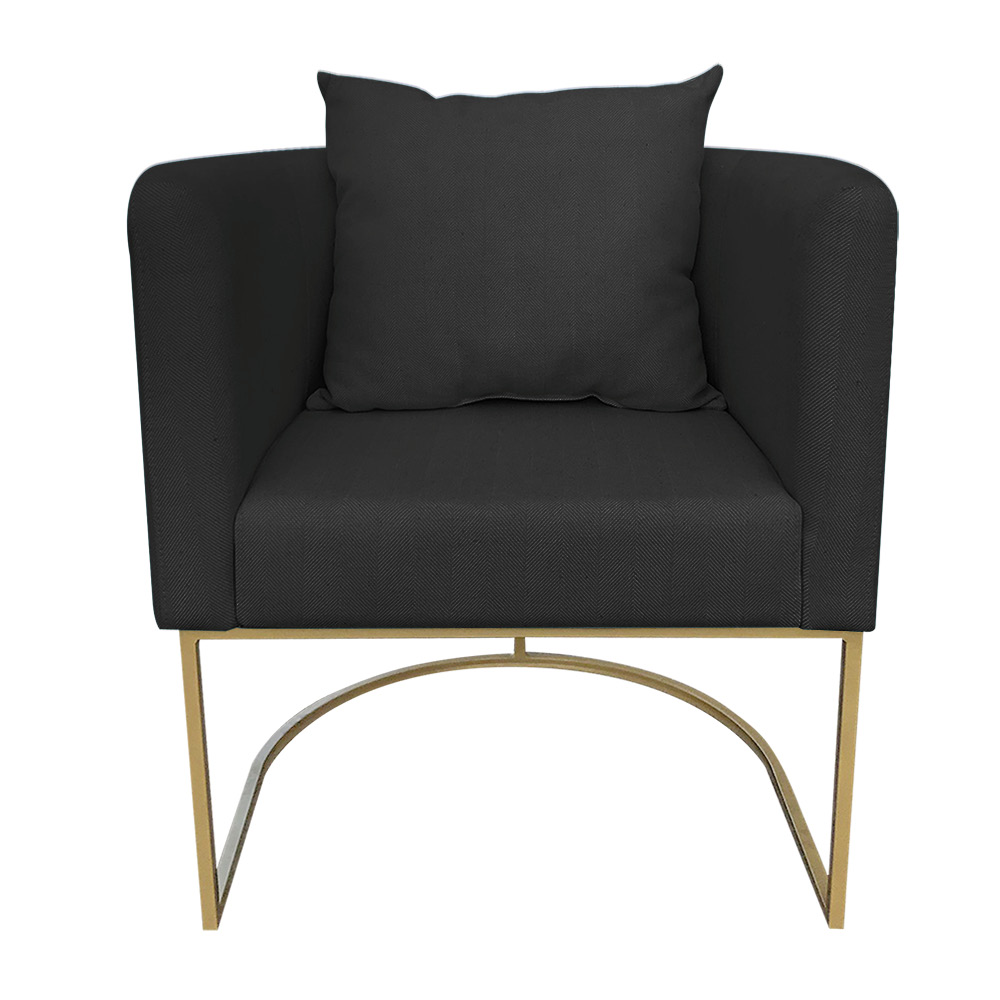 Kit 02 Poltronas Paola Linho Preto A79 Base Metálica Dourado- D'Rossi