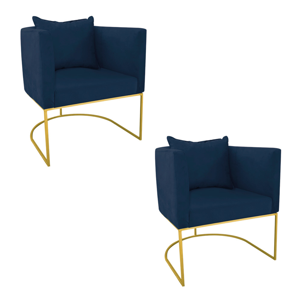 Kit 02 Poltronas Paola Suede Azul Marinho Base Metálica Dourado - D'Rossi