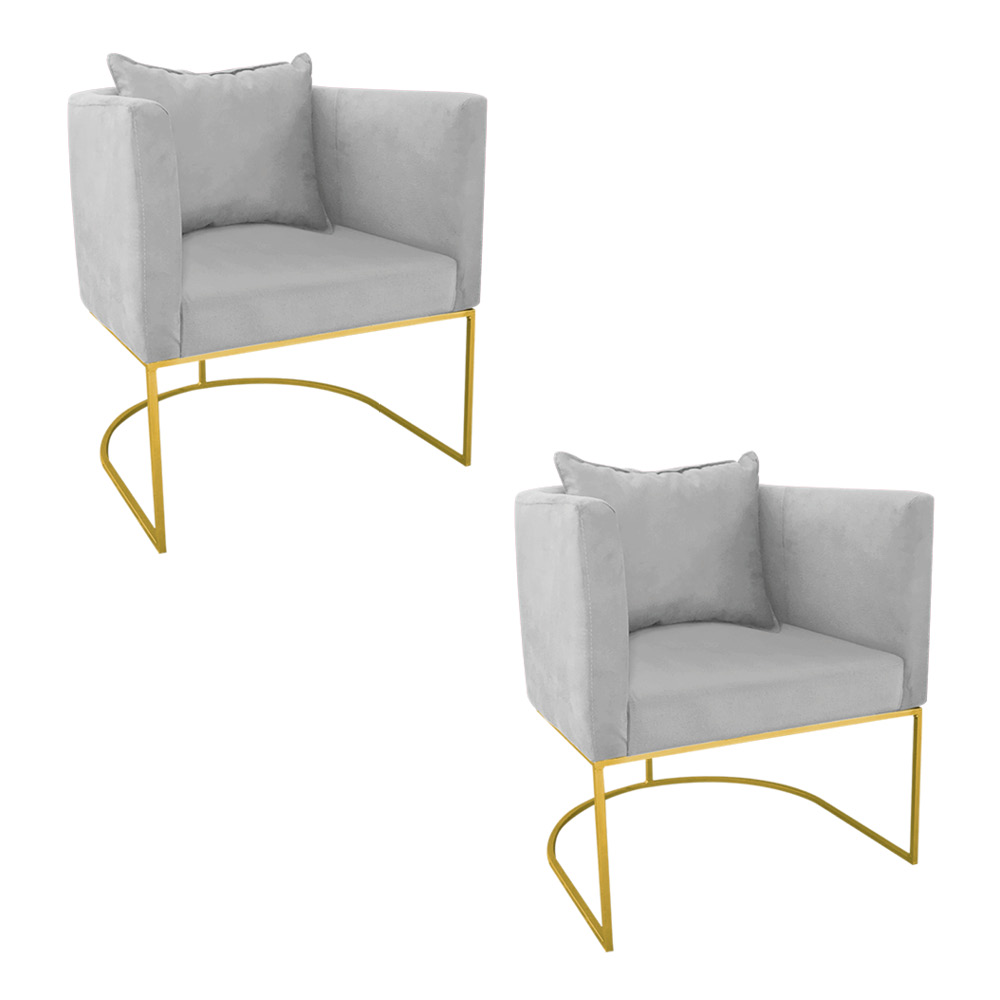 Kit 02 Poltronas Paola Suede Cinza Base Metálica Dourado - D'Rossi
